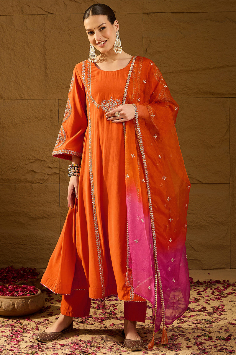 Orange Silk Blend Embroidered A-Line Kurta Trousers With Dupatta HOPPK