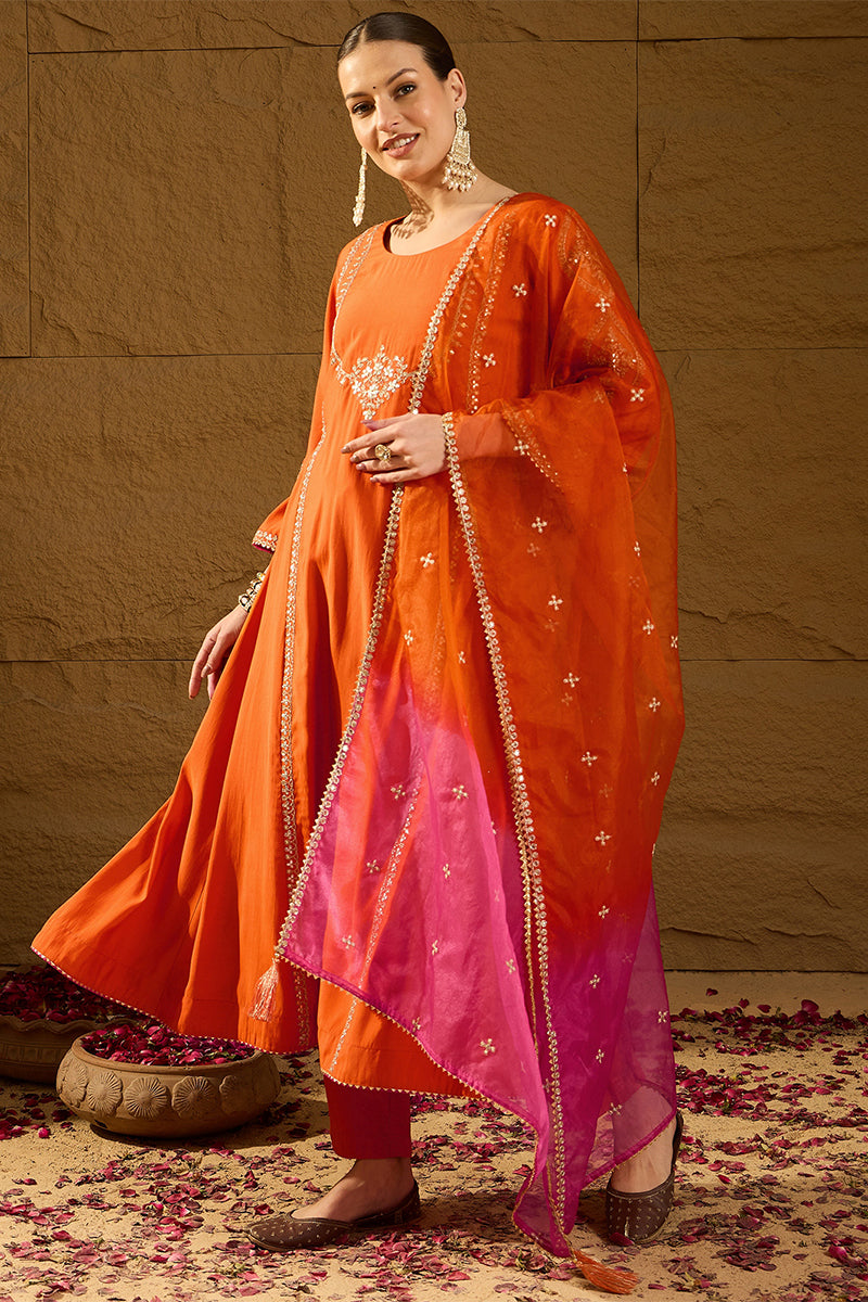 Orange Silk Blend Embroidered A-Line Kurta Trousers With Dupatta HOPPK
