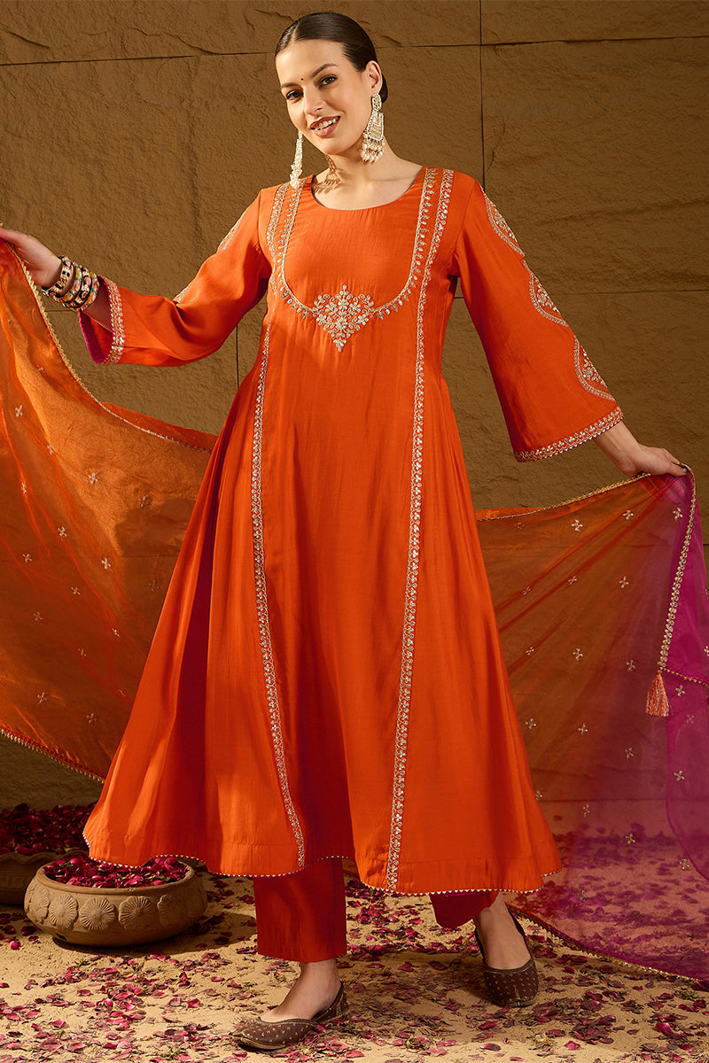 Orange Silk Blend Embroidered A-Line Kurta Trousers With Dupatta HOPPK