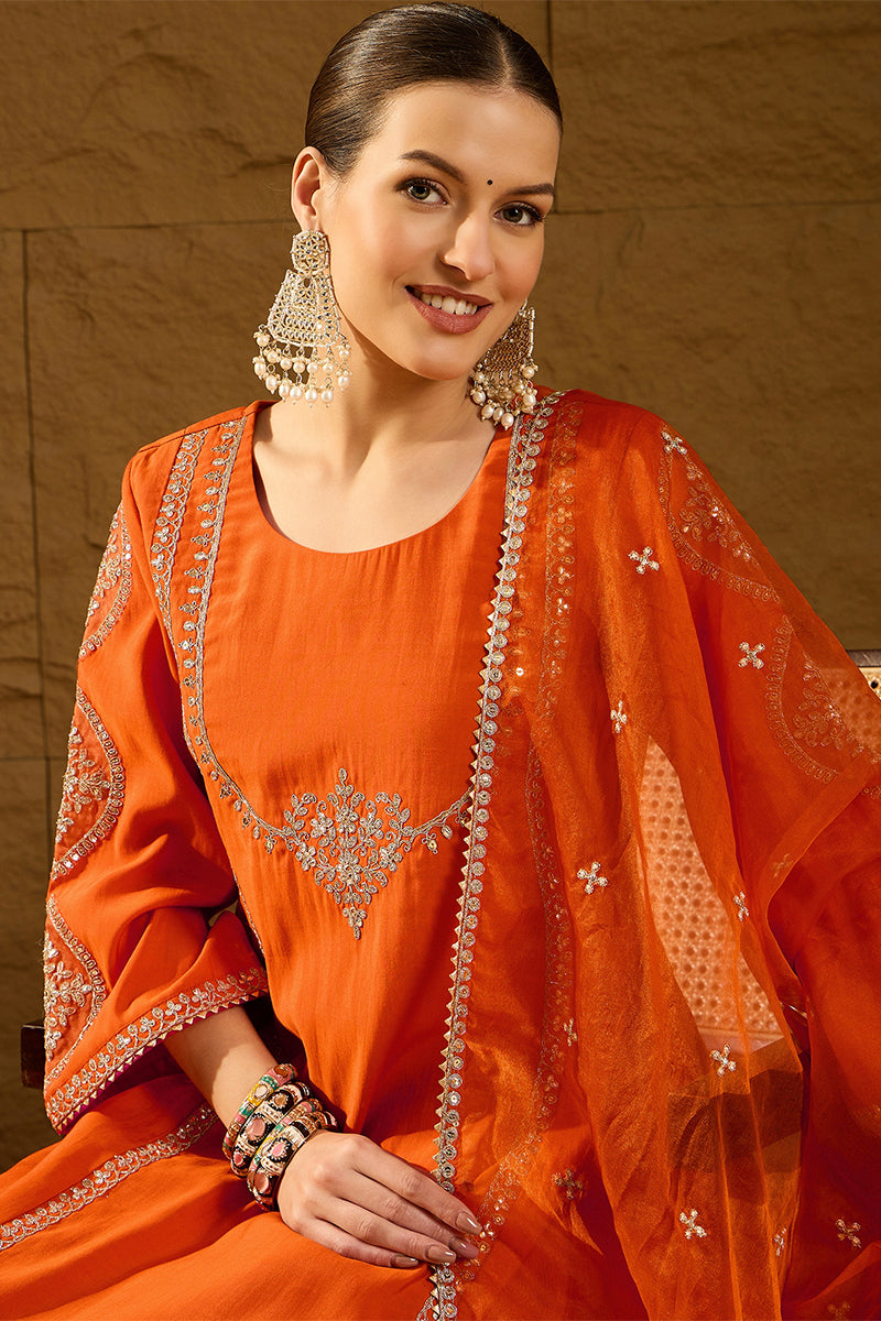 Orange Silk Blend Embroidered A-Line Kurta Trousers With Dupatta HOPPK