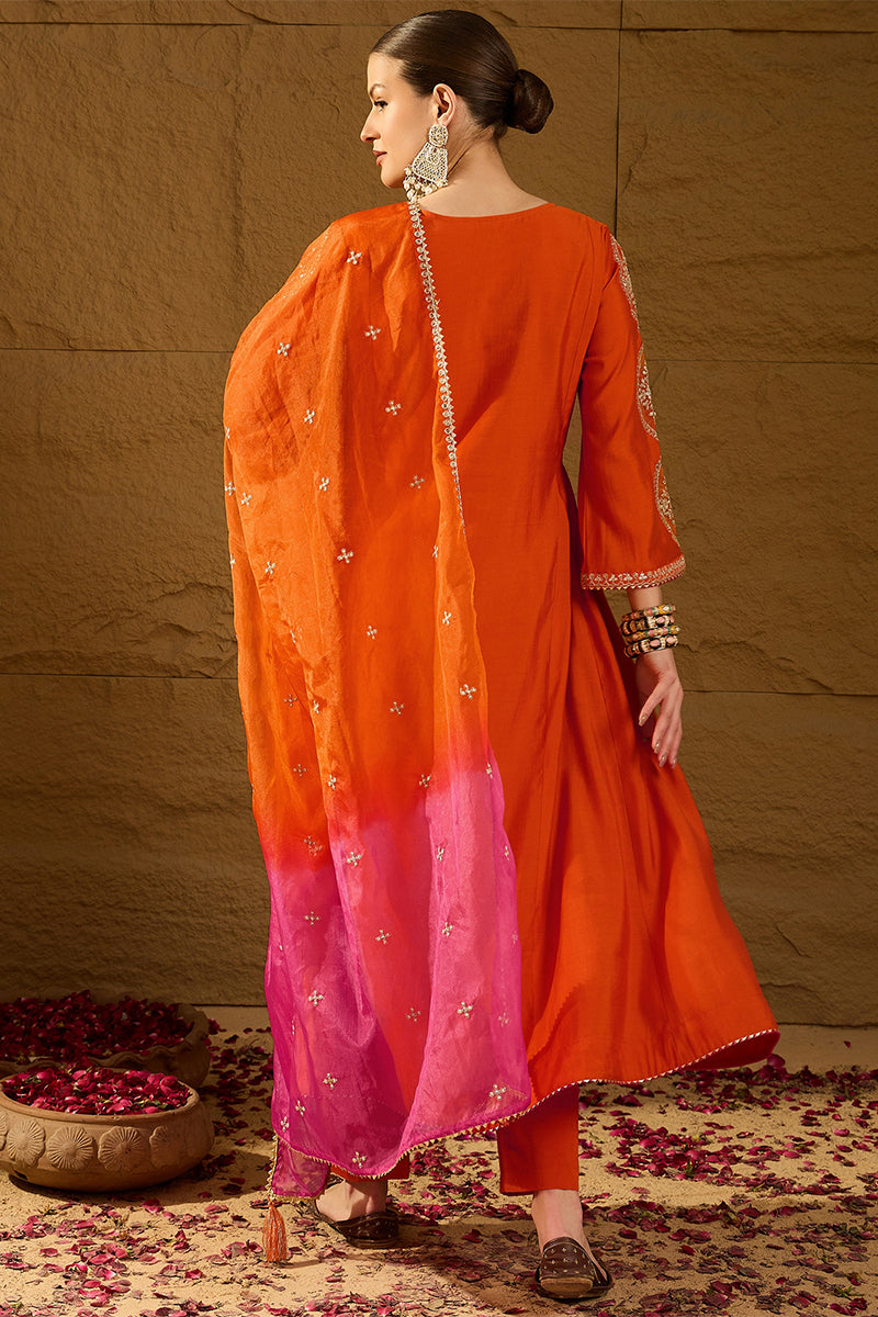 Orange Silk Blend Embroidered A-Line Kurta Trousers With Dupatta HOPPK