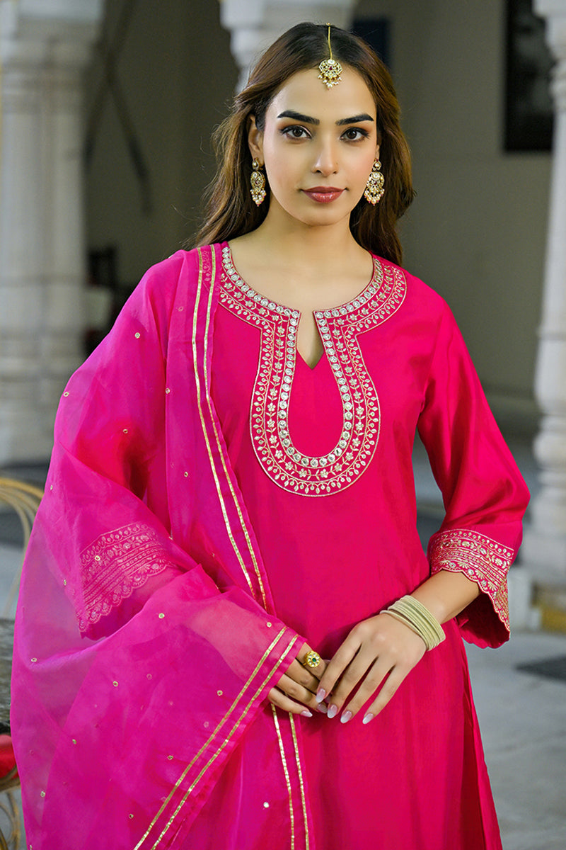 Pink Silk Blend Embroidered A-Line Kurta Trouser With Dupatta HOPPKSKD