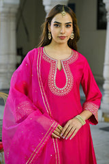 Pink Silk Blend Embroidered A-Line Kurta Trouser With Dupatta HOPPKSKD2931