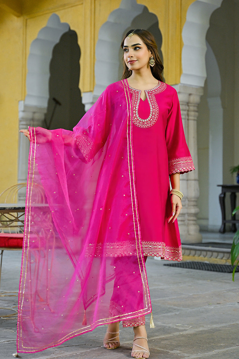 Pink Silk Blend Embroidered A-Line Kurta Trouser With Dupatta HOPPKSKD