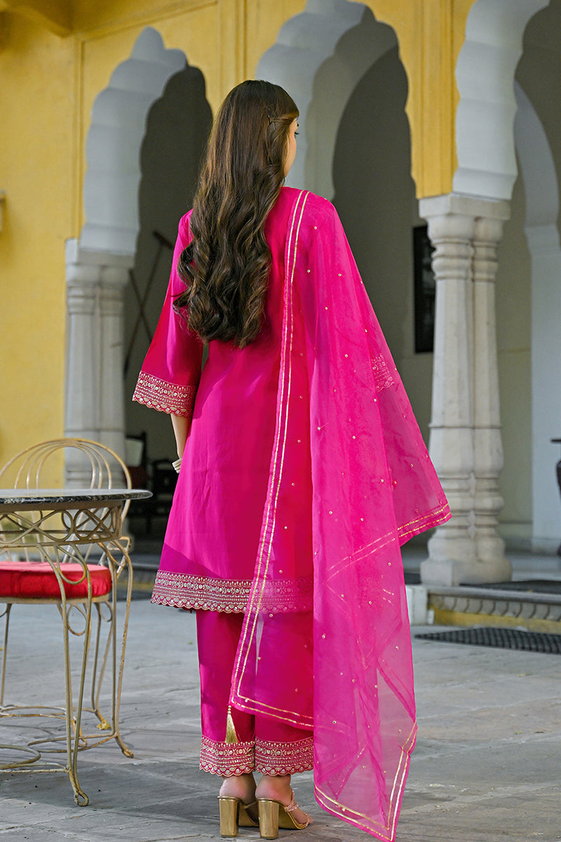Pink Silk Blend Embroidered A-Line Kurta Trouser With Dupatta HOPPKSKD