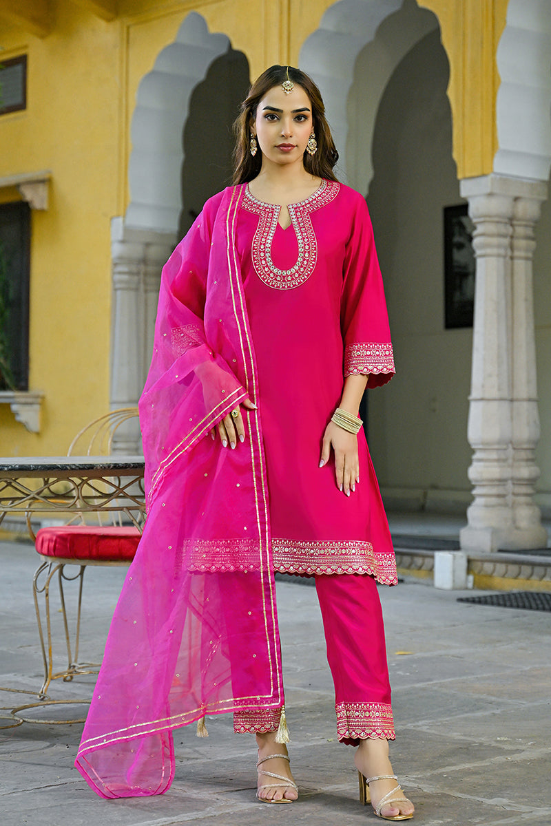 Pink Silk Blend Embroidered A-Line Kurta Trouser With Dupatta HOPPKSKD