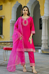 Pink Silk Blend Embroidered A-Line Kurta Trouser With Dupatta HOPPKSKD2931