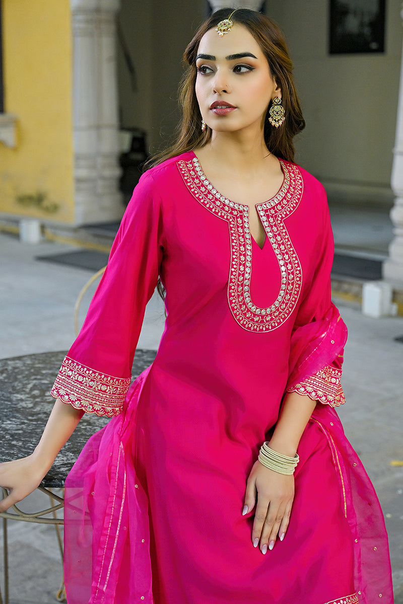 Pink Silk Blend Embroidered A-Line Kurta Trouser With Dupatta HOPPKSKD