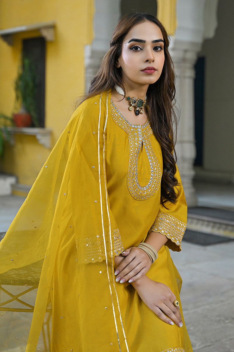 Mustard Silk Blend Solid Embroidered A-Line Kurta Trousers With Dupatt