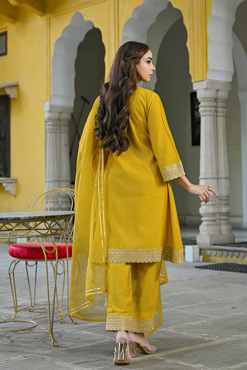 Mustard Silk Blend Solid Embroidered A-Line Kurta Trousers With Dupatt