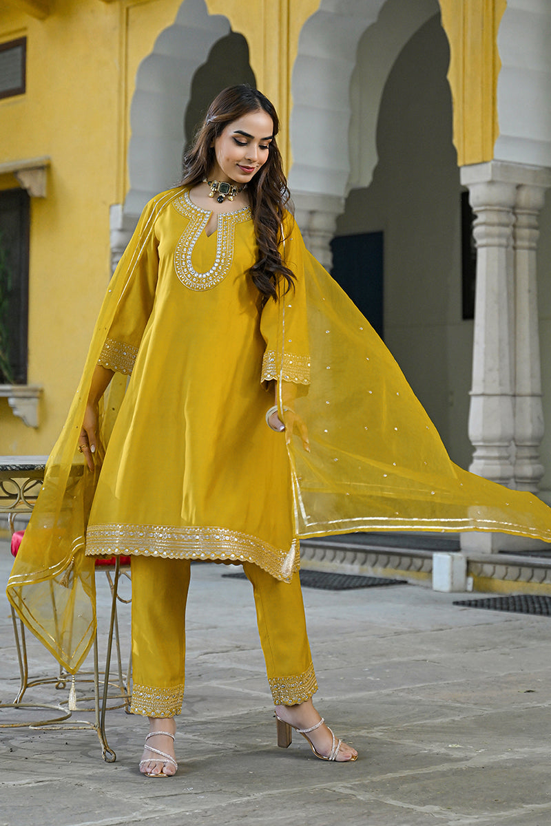 Mustard Silk Blend Solid Embroidered A-Line Kurta Trousers With Dupatt