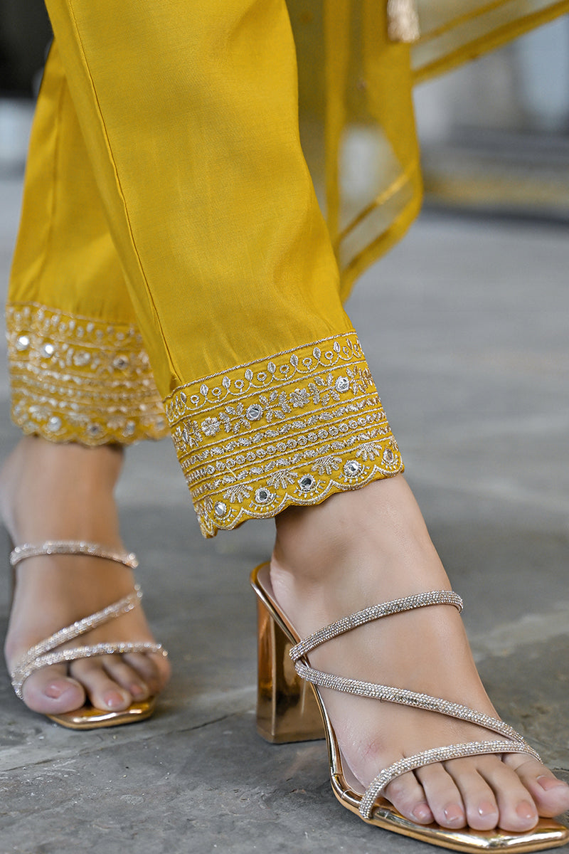 Mustard Silk Blend Solid Embroidered A-Line Kurta Trousers With Dupatt