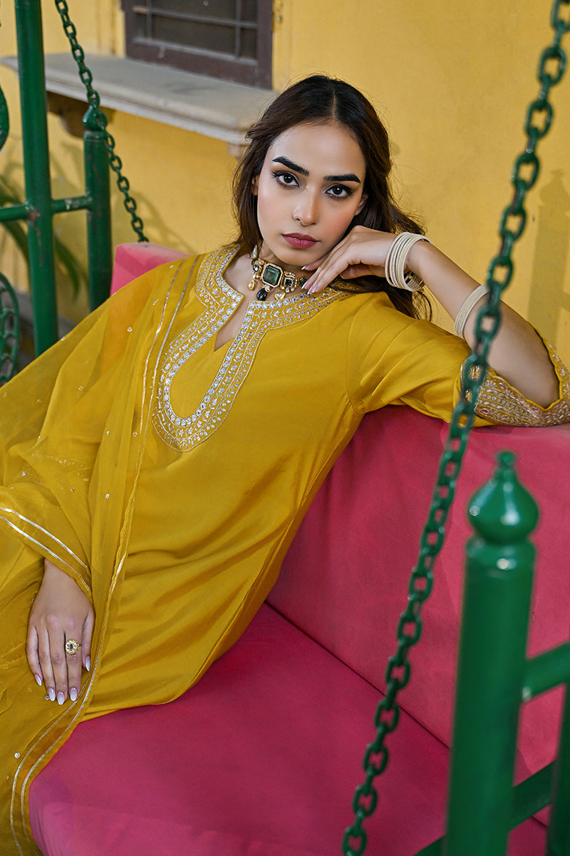 Mustard Silk Blend Solid Embroidered A-Line Kurta Trousers With Dupatt