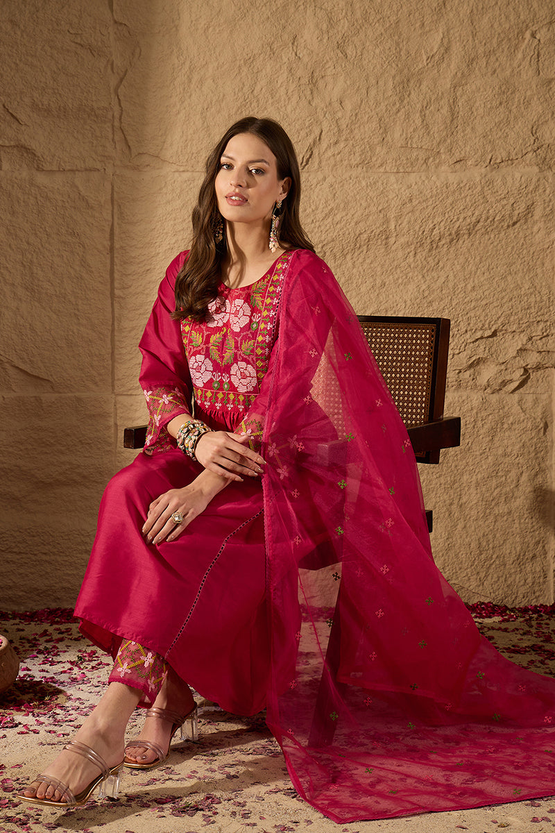 Pink Silk Blend Embroidered A-Line Kurta Trousers With Dupatta HOPPKSK