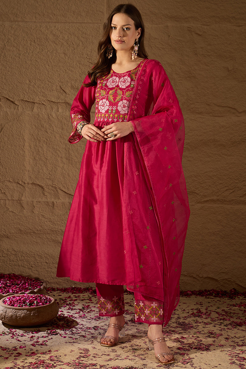 Pink Silk Blend Embroidered A-Line Kurta Trousers With Dupatta HOPPKSK