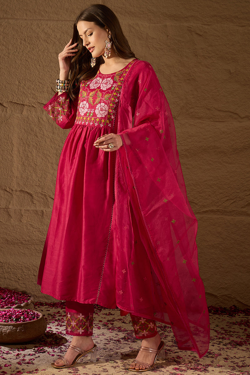 Pink Silk Blend Embroidered A-Line Kurta Trousers With Dupatta HOPPKSK
