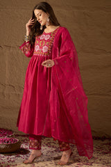 Pink Silk Blend Embroidered A-Line Kurta Trousers With Dupatta HOPPKSKD2934