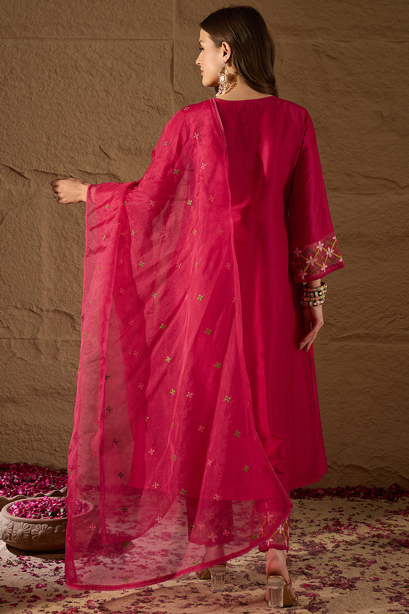 Pink Silk Blend Embroidered A-Line Kurta Trousers With Dupatta HOPPKSK