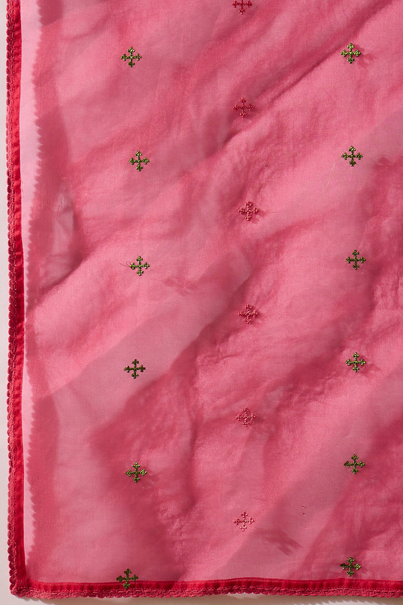 Pink Silk Blend Embroidered A-Line Kurta Trousers With Dupatta HOPPKSK