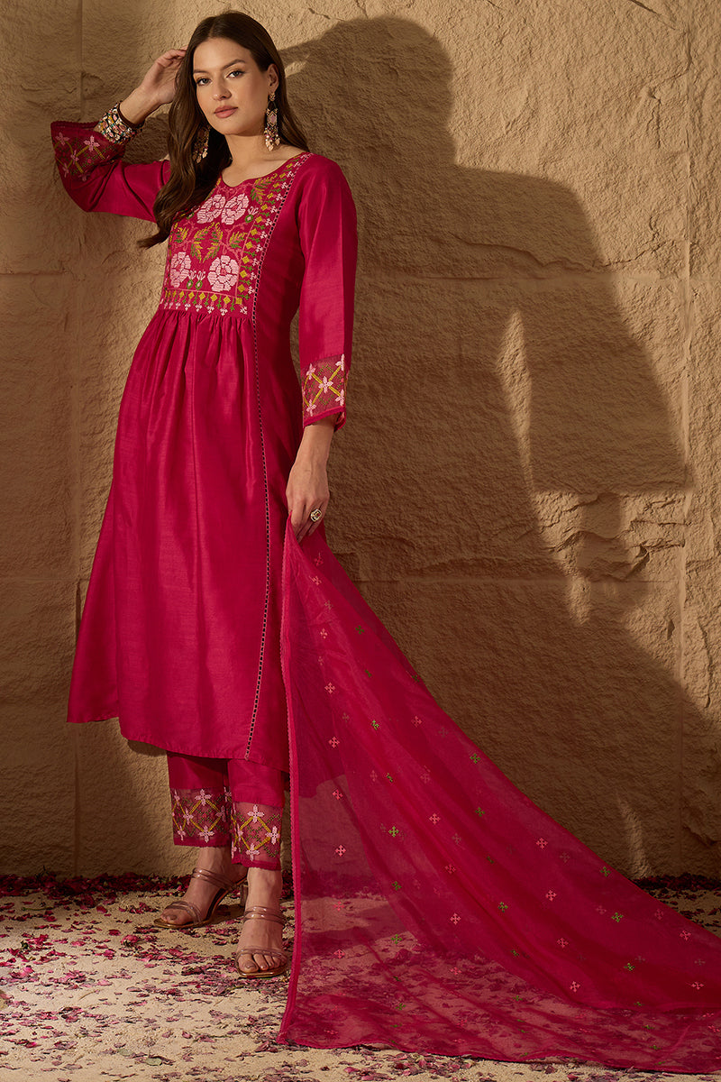 Pink Silk Blend Embroidered A-Line Kurta Trousers With Dupatta HOPPKSK