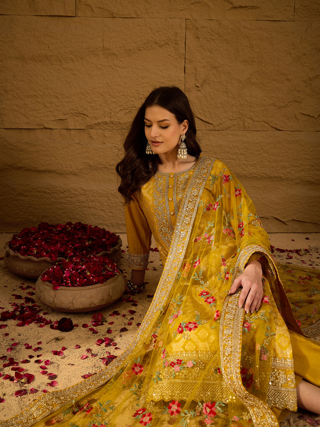 Women Yellow Silk Blend Solid Woven Design Straight Kurta Trousers With Dupatta-PKSKD2935