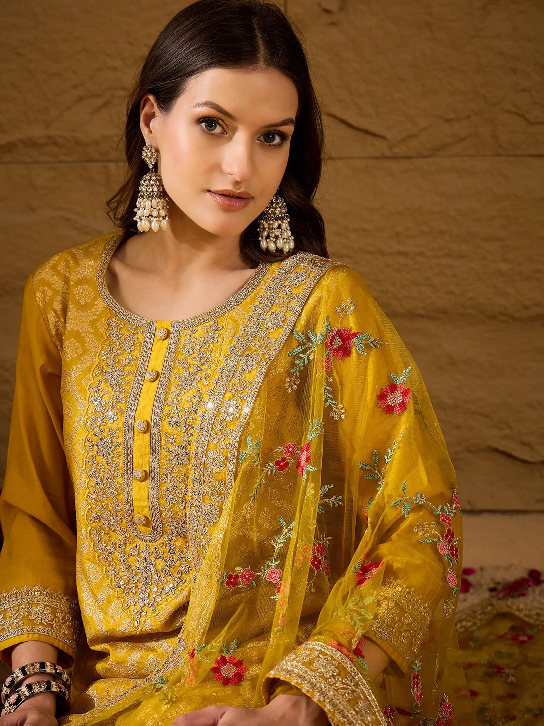 Women Yellow Silk Blend Solid Woven Design Straight Kurta Trousers With Dupatta