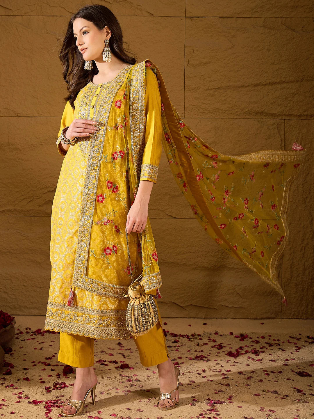 Women Yellow Silk Blend Solid Woven Design Straight Kurta Trousers With Dupatta