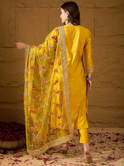 Women Yellow Silk Blend Solid Woven Design Straight Kurta Trousers With Dupatta-PKSKD2935