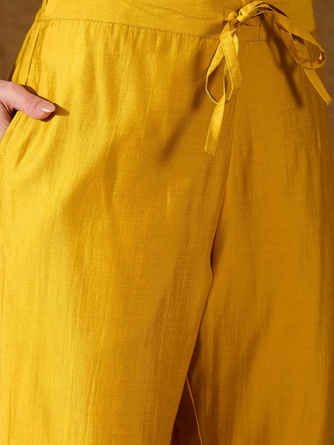 Women Yellow Silk Blend Solid Woven Design Straight Kurta Trousers With Dupatta