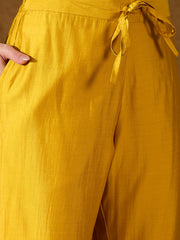 Women Yellow Silk Blend Solid Woven Design Straight Kurta Trousers With Dupatta-PKSKD2935