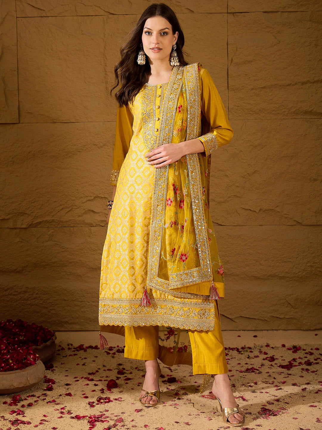Women Yellow Silk Blend Solid Woven Design Straight Kurta Trousers With Dupatta