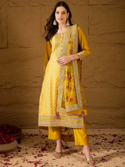 Women Yellow Silk Blend Solid Woven Design Straight Kurta Trousers With Dupatta-PKSKD2935