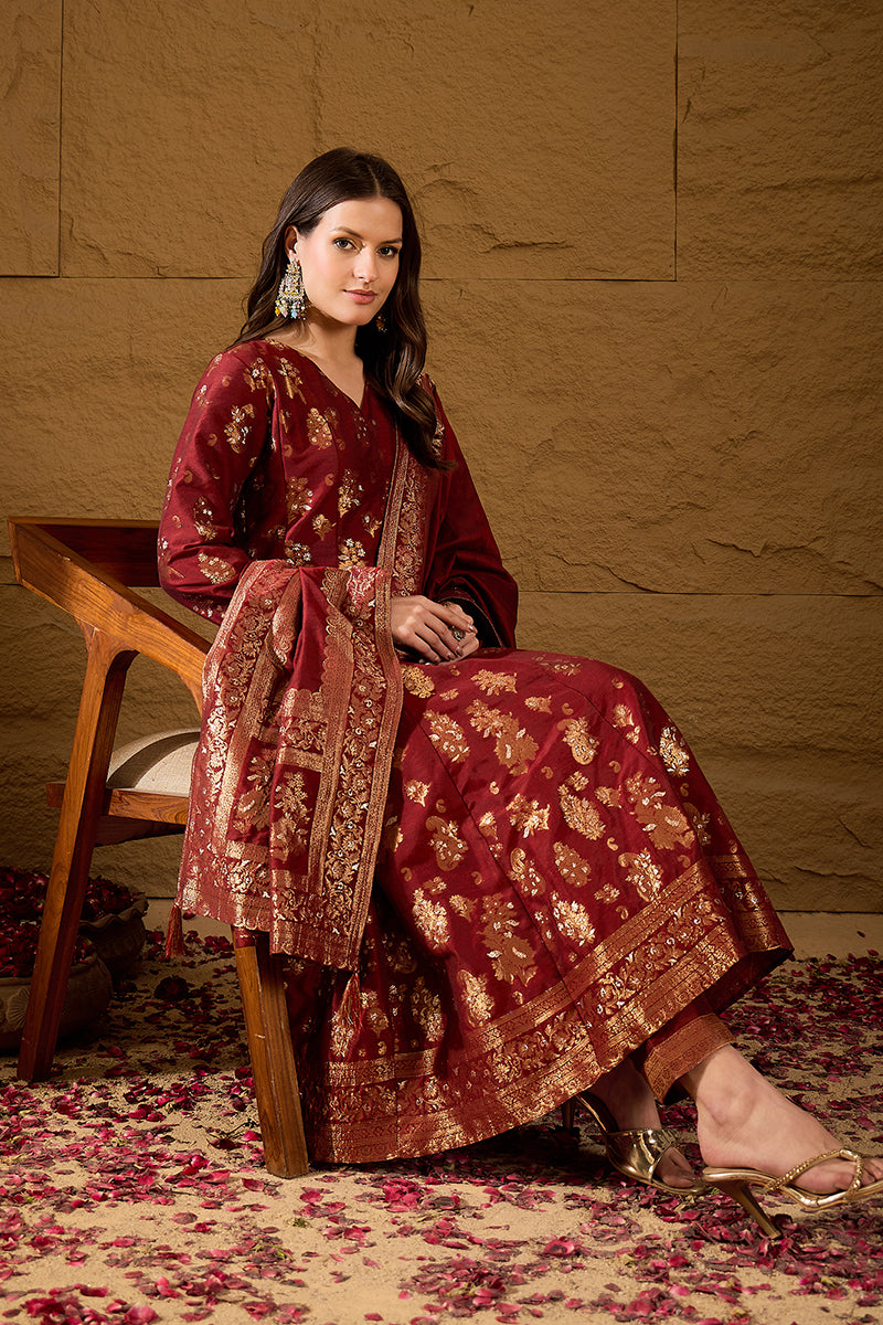 Maroon Chanderi Woven design Anarkali Kurta Trouser with Dupatta HPKSK