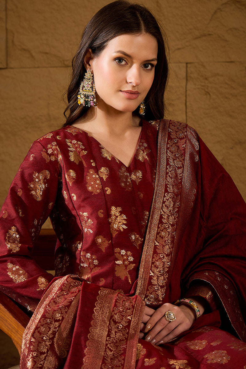 Maroon Chanderi Woven design Anarkali Kurta Trouser with Dupatta HPKSK