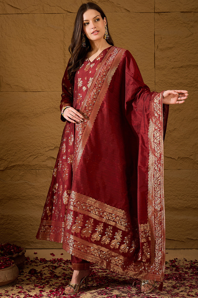 Maroon Chanderi Woven design Anarkali Kurta Trouser with Dupatta HPKSK