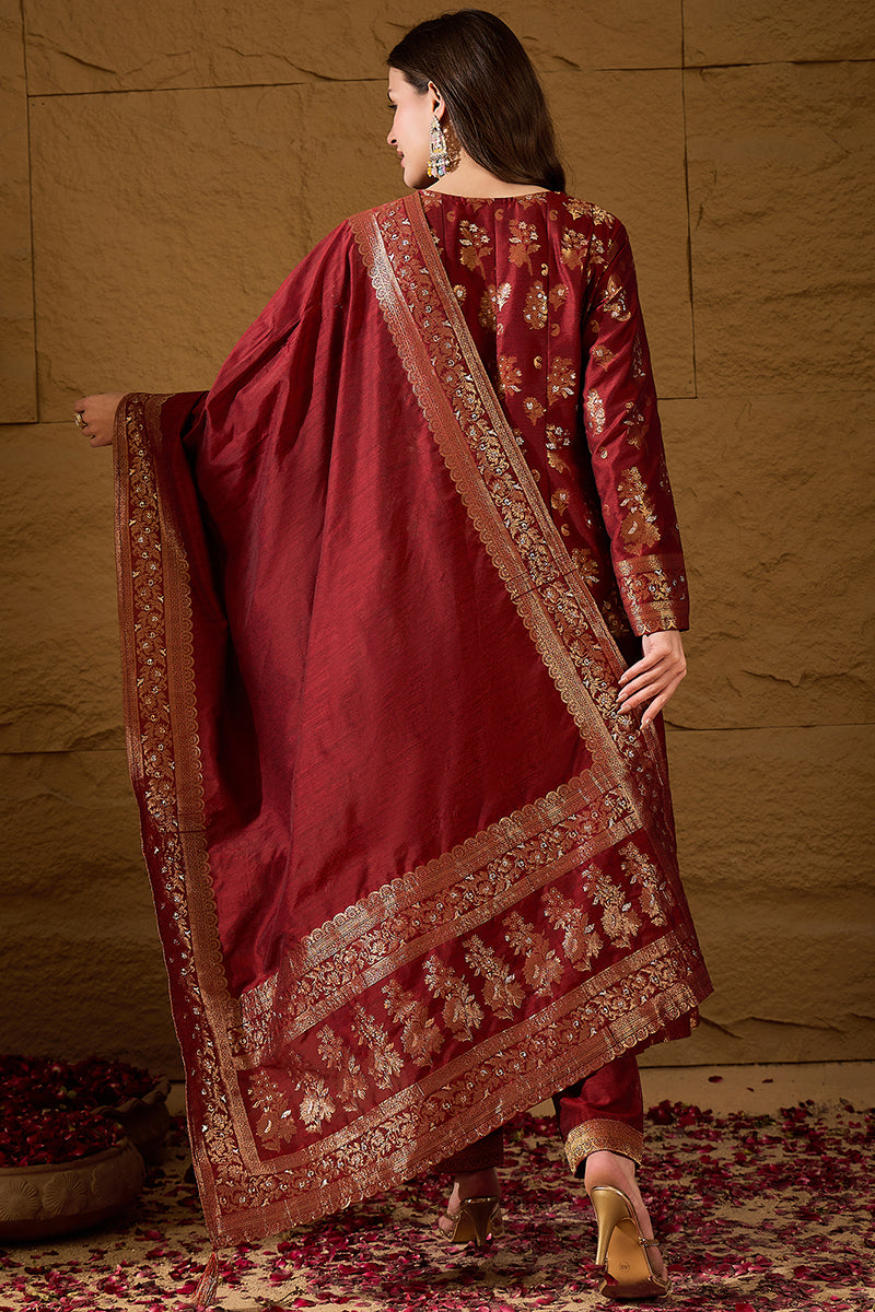Maroon Chanderi Woven design Anarkali Kurta Trouser with Dupatta HPKSK