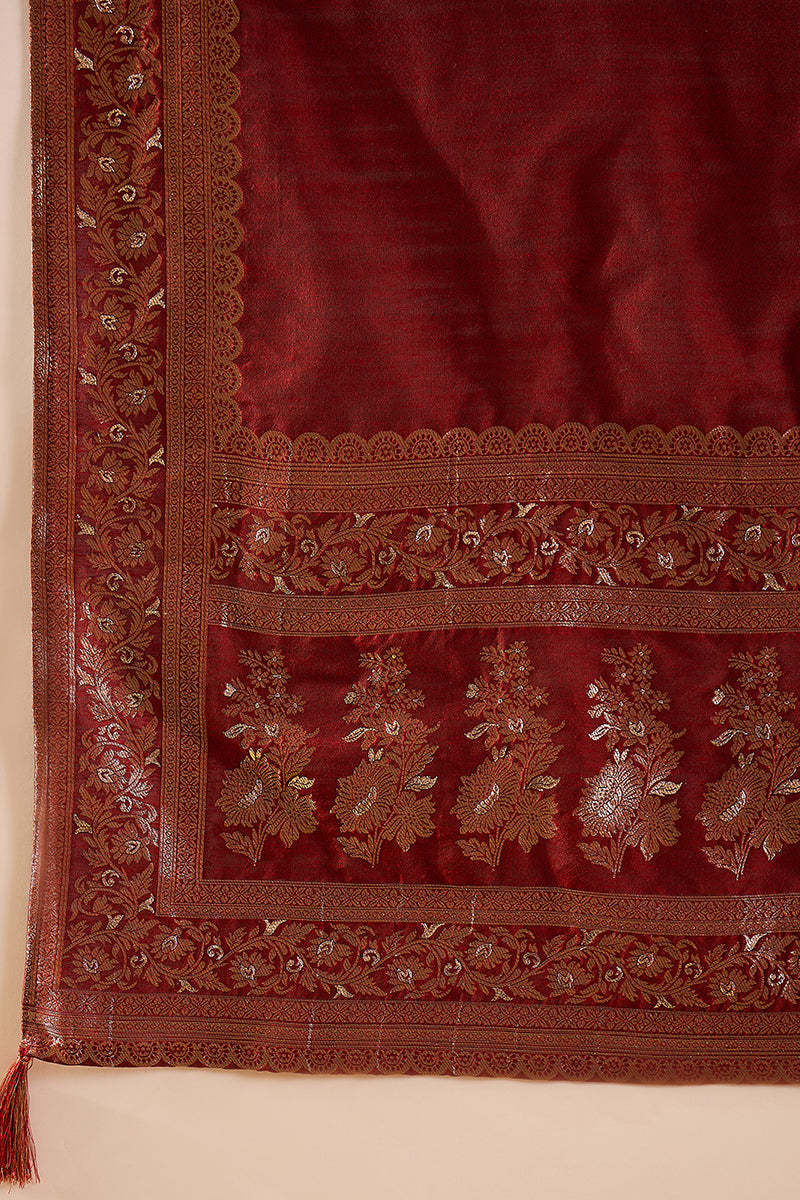 Maroon Chanderi Woven design Anarkali Kurta Trouser with Dupatta HPKSK