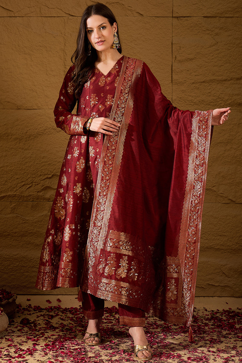 Maroon Chanderi Woven design Anarkali Kurta Trouser with Dupatta HPKSK