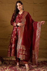 Maroon Chanderi Woven design Anarkali Kurta Trouser with Dupatta HPKSKD2936