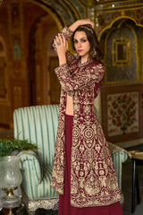 Maroon Georgette Embroidered Straighit Top Sharara With Shrug PKSKD2941
