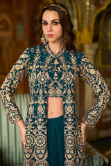 Teal Poly Georgette Embroidered Straighit Top Sharara With Shrug PKSKD2942