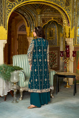 Teal Poly Georgette Embroidered Straighit Top Sharara With Shrug PKSKD2942