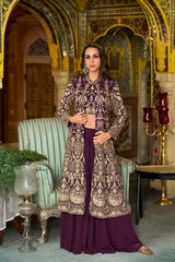 Purple Poly Georgette Embroidered Straighit Top Sharara With Shrug PKSKD2943