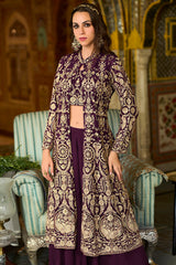 Purple Poly Georgette Embroidered Straighit Top Sharara With Shrug PKSKD2943