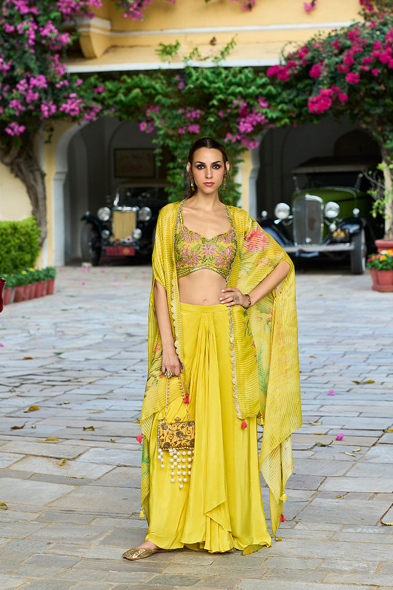 Yellow Chiffon Solid Embroidered Straighit Top Skirt With Shrug PKSKD2951