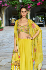Yellow Chiffon Solid Embroidered Straighit Top Skirt With Shrug PKSKD2951