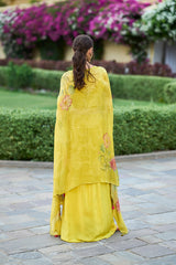 Yellow Chiffon Solid Embroidered Straighit Top Skirt With Shrug PKSKD2951