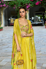 Yellow Chiffon Solid Embroidered Straighit Top Skirt With Shrug PKSKD2951