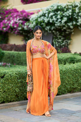 Orange Silk Blend Embroidered Straighit Top Skirt With Shrug PKSKD2952
