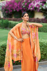 Orange Silk Blend Embroidered Straighit Top Skirt With Shrug PKSKD2952